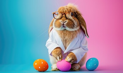 Bunny in lab coat with colored Easter eggs - A whimsical image featuring a bunny dressed as a scientist with three decorated Easter eggs on a vibrant background - obrazy, fototapety, plakaty