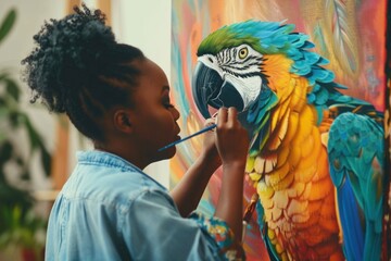 African American woman focused on painting a vivid parrot, reflecting artistry and attention to detail.