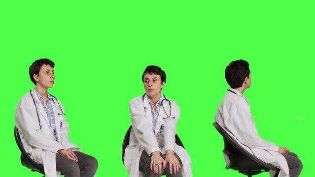 Physician in white coat waiting for patients at consultations, feeling impatient sitting on a chair against greenscreen backdrop. Medic practitioner with stethoscope waits for people. Camera B.