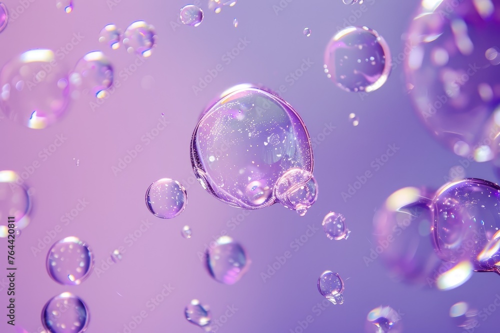 Poster floating bubbles on a purple background - beautiful close-up of transparent bubbles floating with a 
