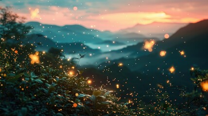 Enchanted forest glade at dusk with lights - Magical scene of a forest glade at twilight with glowing lights and a mountain backdrop - obrazy, fototapety, plakaty