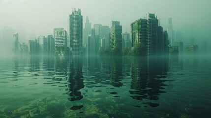 Fototapeta premium A submerged city skyline representing the consequences of global warming and sea level rise on coastal communities and infrastructure.