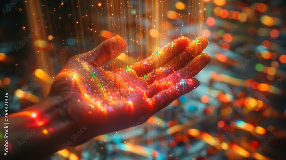 Poster a hand holding a prism refracting light into a stunning display of emotions each one representing a 