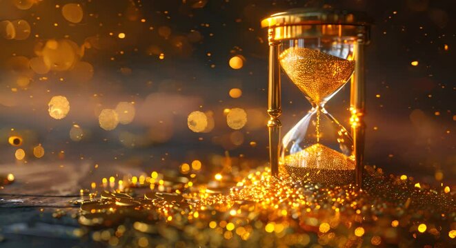 Surreal 3D scene of hourglasses with sand turning into gold, representing investment over time