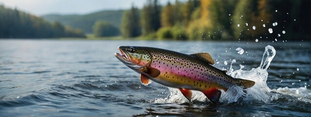 Rainbow trout jumping out of the water with a splash, Fish above water catching bait, Panoramic banner with copy space
