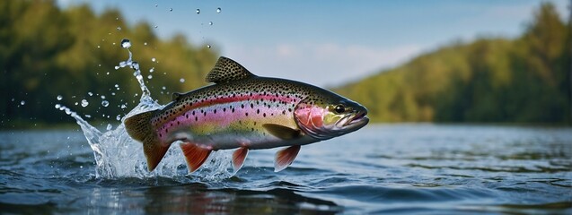 Rainbow trout jumping out of the water with a splash, Fish above water catching bait, Panoramic banner with copy space