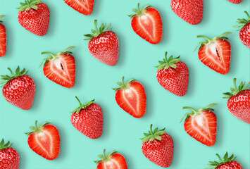 Trendy pattern composition made with Strawberries on pastel Tiffany green background. Summer...