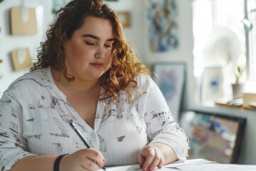 Plus-size young woman focused on practicing calligraphy at her desk.
