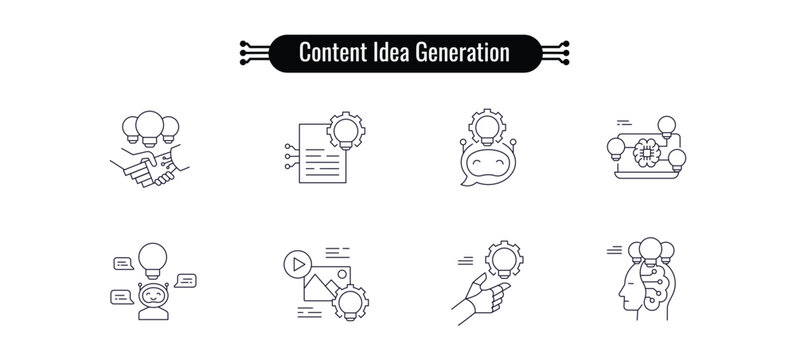 Content Idea Generation using generative Ai Icons. Generation of creative content ideas, sparking inspiration and innovation for engaging and original content creation Editable Stroke Icons.