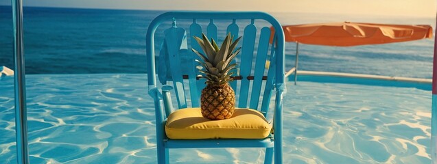Summer beach concept, chair with ring floating and pineapple on blue background