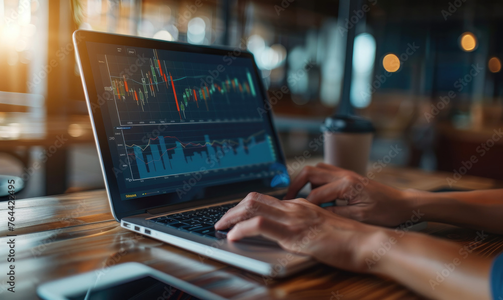 Poster laptop screen displaying stock market data - an individual analyzing financial graphs and statistics