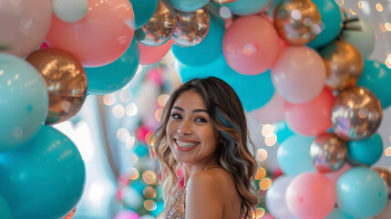 Obraz premium The birthday girl smiles as she looks at the beautiful balloon arch and decorations set up in her honor.
