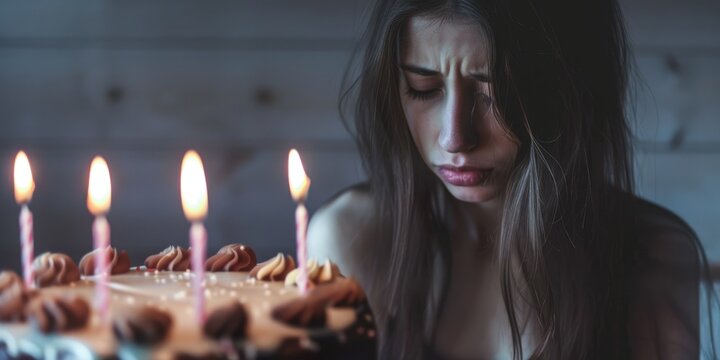 Woman looking sadly at birthday cake with candles - A poignant image of a woman expressing sadness as she looks at a birthday cake with lit candles