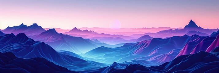 Surreal pink and blue mountain landscape - A tranquil illustrative scene featuring an ethereal mountain range under a soft pink sky and rising sun