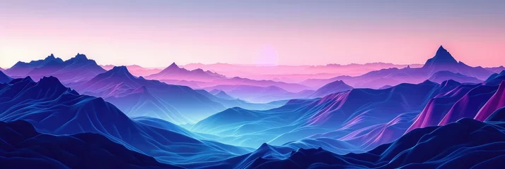 Papier Peint photo Violet Surreal pink and blue mountain landscape - A tranquil illustrative scene featuring an ethereal mountain range under a soft pink sky and rising sun