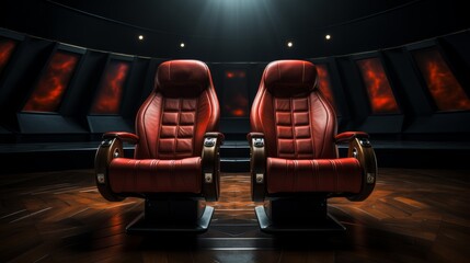 Two Red Leather Chairs in a Dark Room - obrazy, fototapety, plakaty