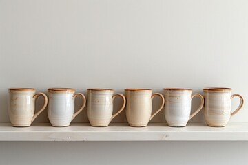 Fototapeta premium A series of ceramic mugs displayed on a white shelf. Place for text