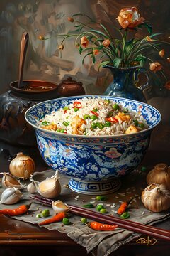 Dark tone Oil painting style of Chinese fried rice , Artwork for wall art, digital, printable wall art and home decor