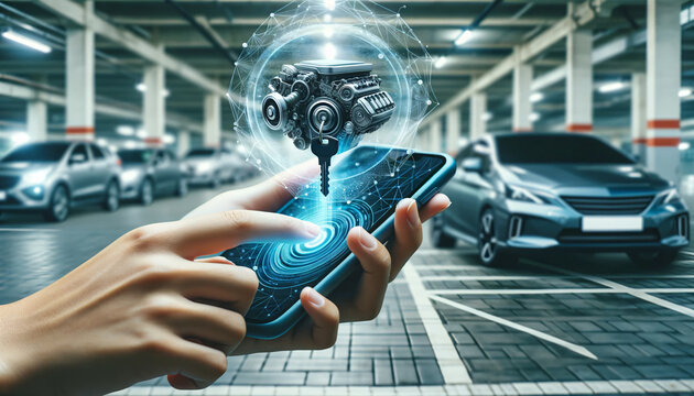 Smartphone Displaying Electric Car Engine Hologram