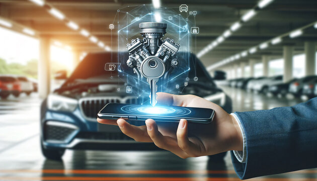 Smartphone Displaying Electric Car Engine Hologram