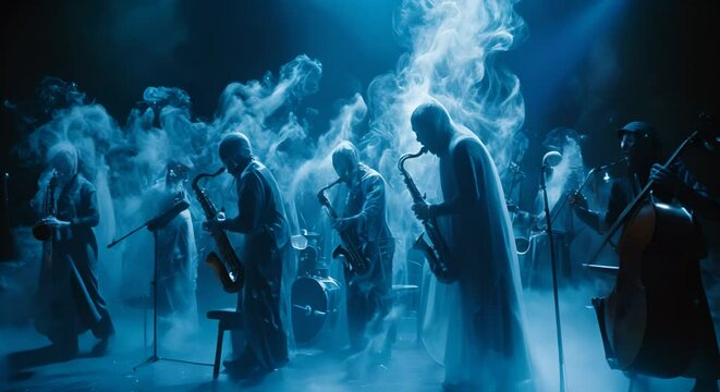 Spectral musicians forming an orchestra with silent instruments