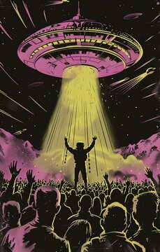 A UFO alien Martian invasion concert scene, print illustration made with Generative AI