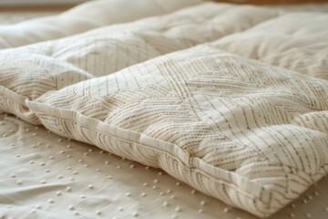 Close-up of a textured organic cotton cushion on a dotted play mat.