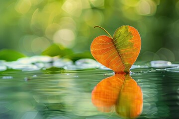 Heart-shaped leaf on a water surface reflecting its shape with a blurred background.