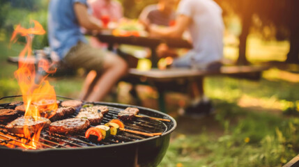 A group of people are having a barbecue in a park. There are several hot dogs and vegetables on the grill. The atmosphere is relaxed and social, with people sitting on benches and enjoying the food