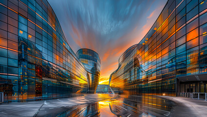 Dusk view of modern city architecture, highlighting the reflection and illumination of buildings - obrazy, fototapety, plakaty