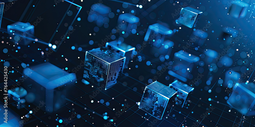 Poster abstract futuristic background with glowing bocks or cubes virtual digital blockchain technology con