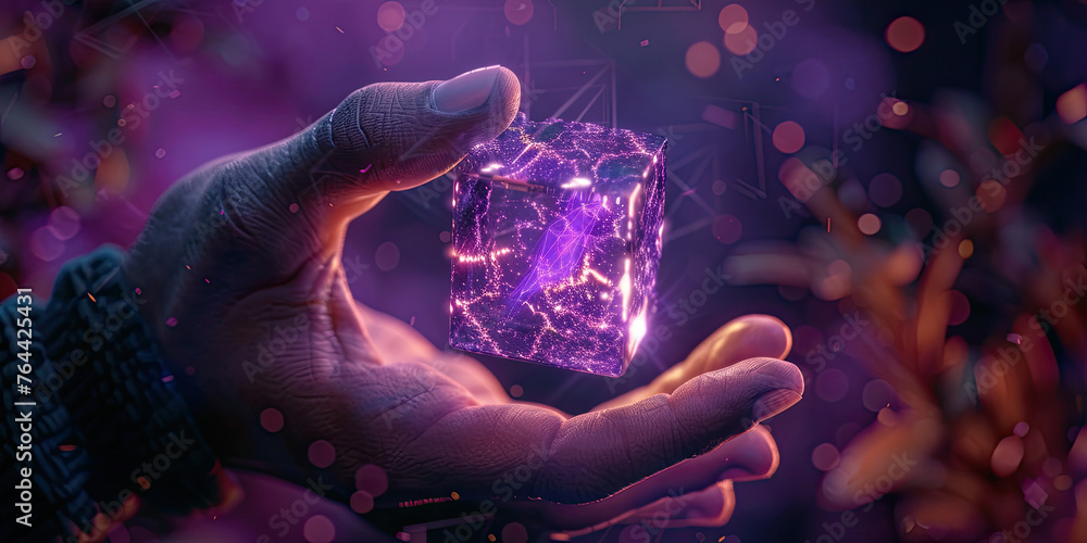 Aufkleber hand holding with hologram digital virtual futuristic blockchain technology concept, 3d blocks or cu