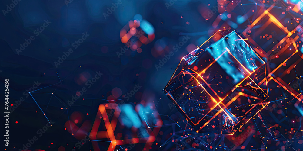 Poster abstract futuristic background with glowing bocks or cubes virtual digital blockchain technology con