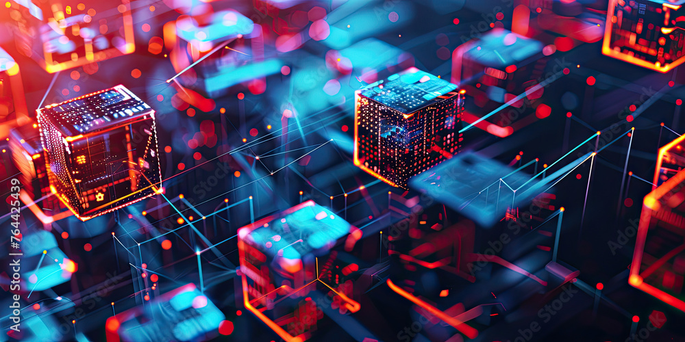 Aufkleber abstract futuristic background with glowing bocks or cubes virtual digital blockchain technology con