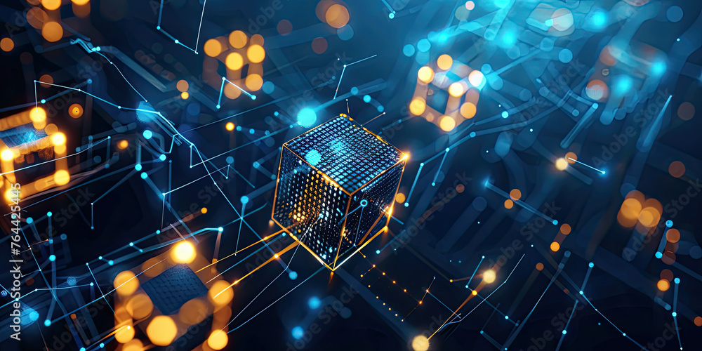 Aufkleber abstract futuristic background with glowing bocks or cubes virtual digital blockchain technology con