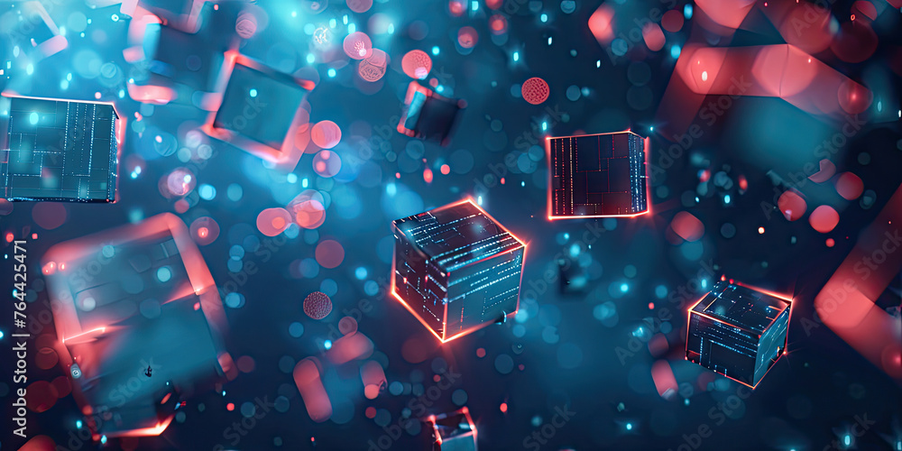Poster abstract futuristic background with glowing bocks or cubes virtual digital blockchain technology con