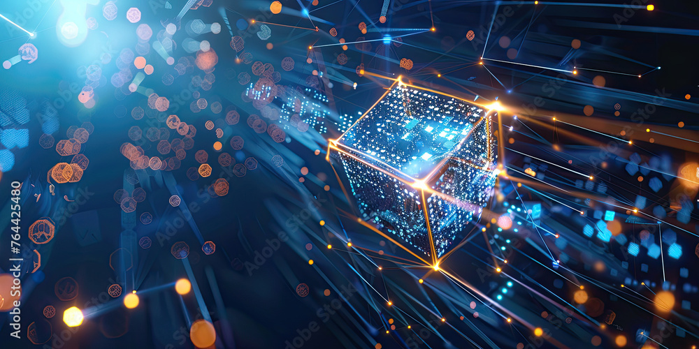 Aufkleber abstract futuristic background with glowing bocks or cubes virtual digital blockchain technology con