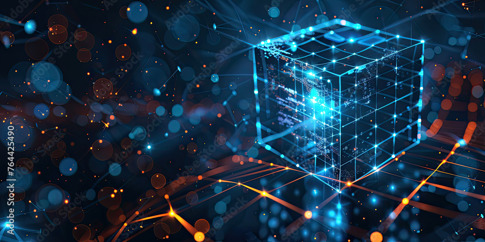 Aufkleber abstract futuristic background with glowing bocks or cubes virtual digital blockchain technology con