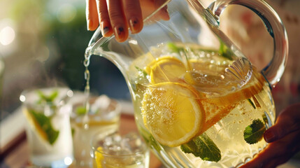 A closeup of a womans hand pouring out a glass of sparkling lemonade from a pitcher with slices of lemons and mint floating in it.