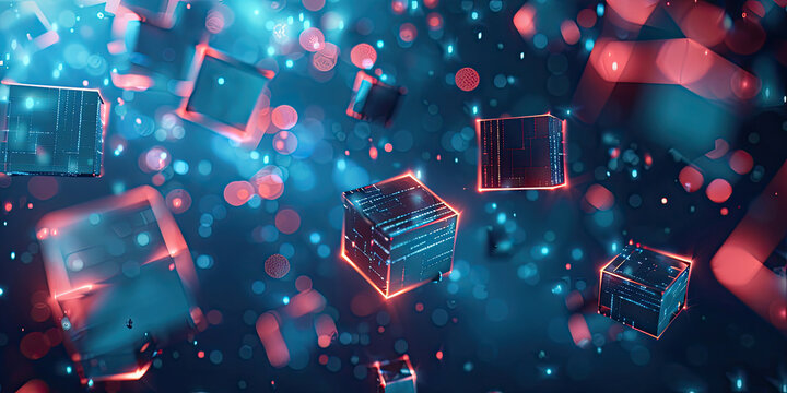 Abstract futuristic background with glowing bocks or cubes virtual digital blockchain technology concept