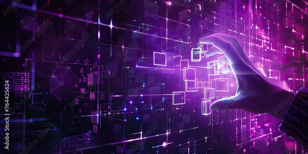 Poster hand touch screen with virtual futuristic holographic digital blockchain technology concept