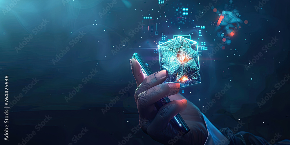 Aufkleber hand using smart phone with virtual futuristic holographic digital blockchain technology concept