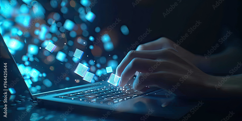 Aufkleber person working on laptop computer with with virtual futuristic holographic digital blockchain techno