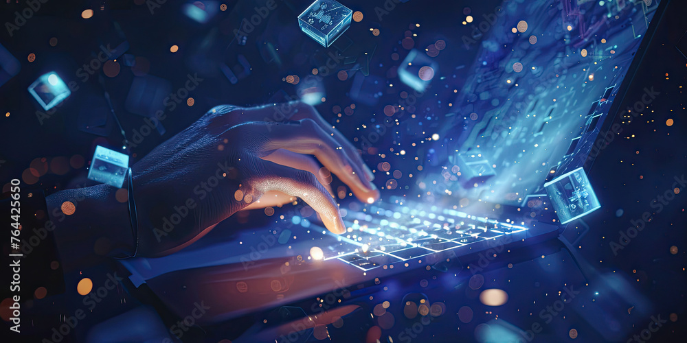 Aufkleber person working on laptop computer with with virtual futuristic holographic digital blockchain techno