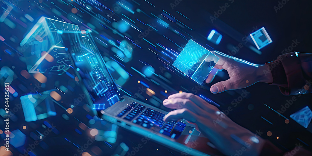 Aufkleber person working on laptop computer with with virtual futuristic holographic digital blockchain techno
