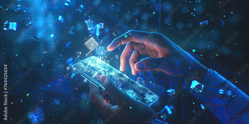 Poster hand using smart phone with virtual futuristic holographic digital blockchain technology concept