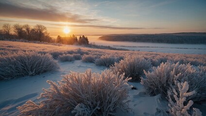 Winter landscape with sunrise