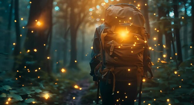 Backpack opening to release a flurry of glowing fireflies