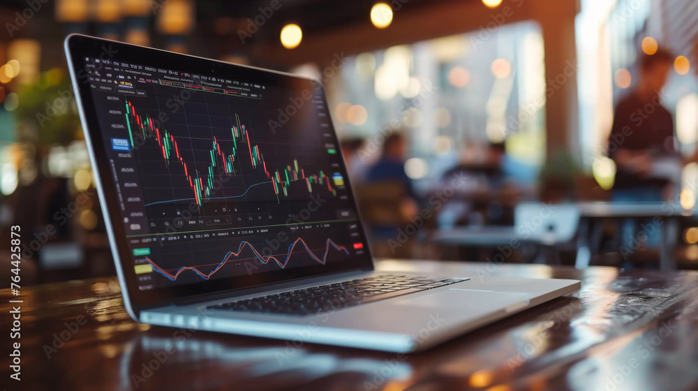 Poster a laptop displaying a stock market graph. scene is serious and focused, as the person using the lapt