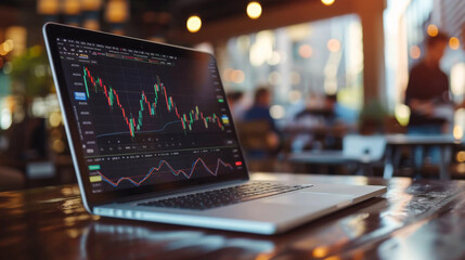 A laptop displaying a stock market graph. Scene is serious and focused, as the person using the laptop is likely analyzing the stock market data